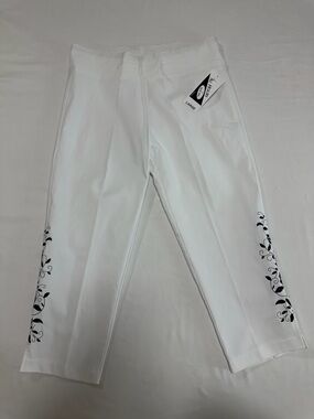 Women’s White Capri Pants with Black Side Embroidery